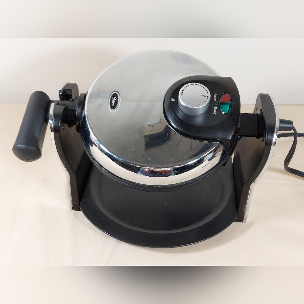 Oster Rotary Waffle Maker Chrome Colored W/Drip Plate Easly Flip Waffles